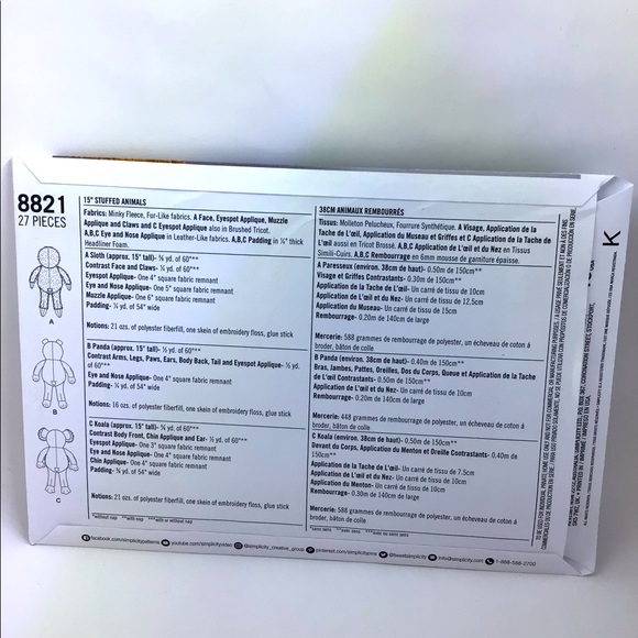 Simplicity Pattern 8821 - 15” Stuffed Animals - Picture 2 of 7